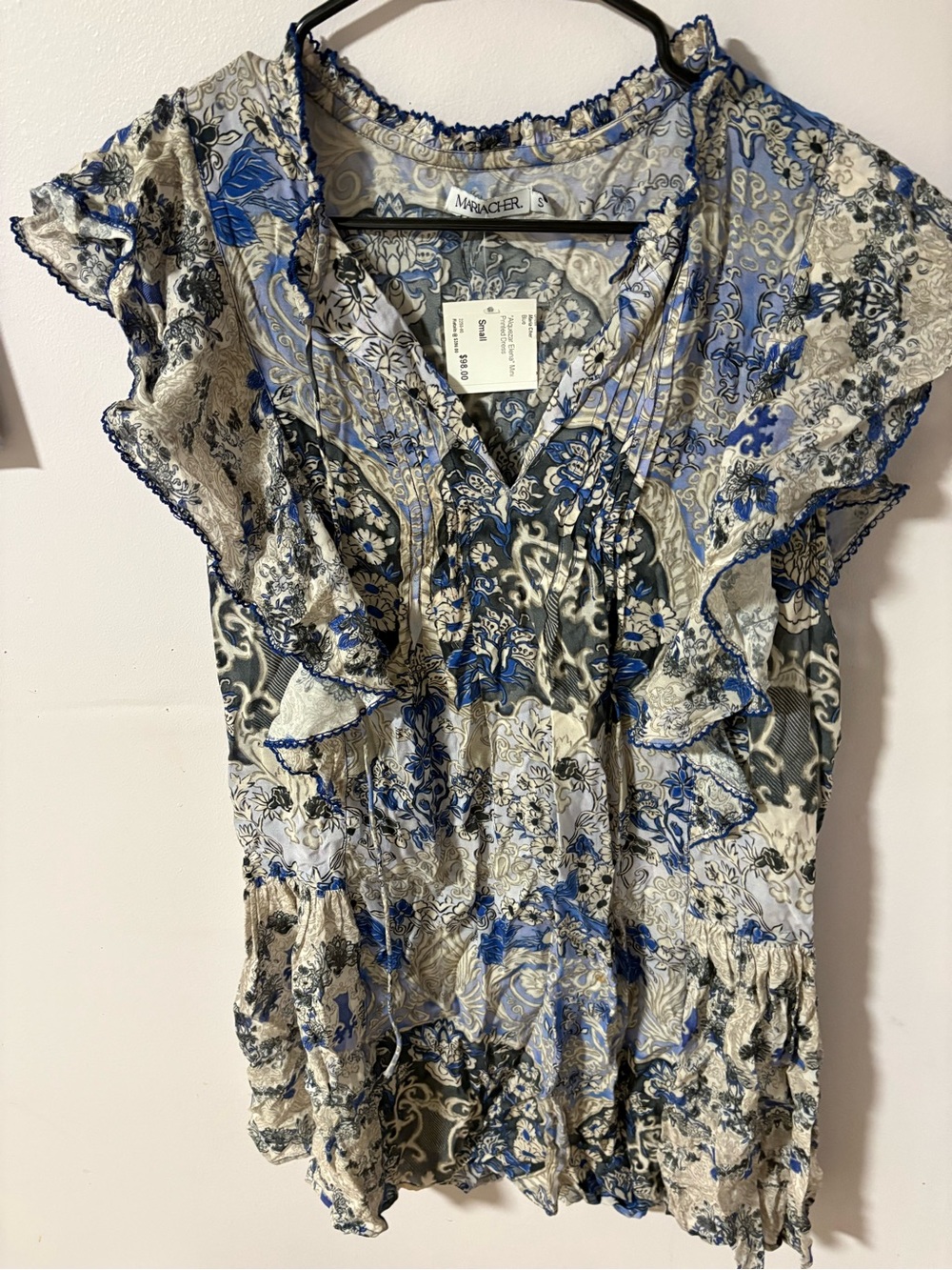 Maria Cher Blue Floral Ruffle Sleeve V-Neck Dress